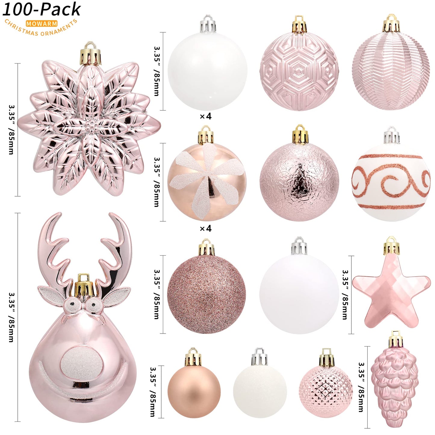 100-Pack Various Shatterproof Christmas Balls, Christmas Decorative Ball Ornaments for Xmas Tree- Champagne Gold