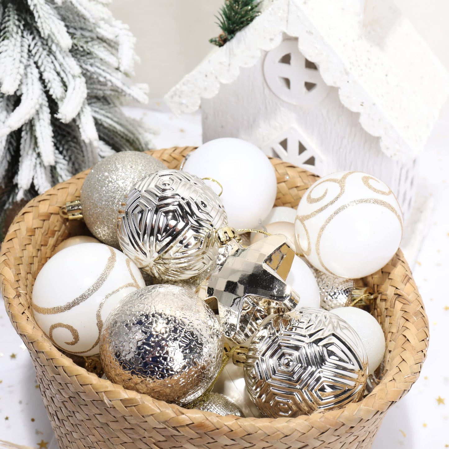 100-Pack Various Shatterproof Christmas Balls, Christmas Decorative Ball Ornaments for Xmas Tree- Champagne Gold