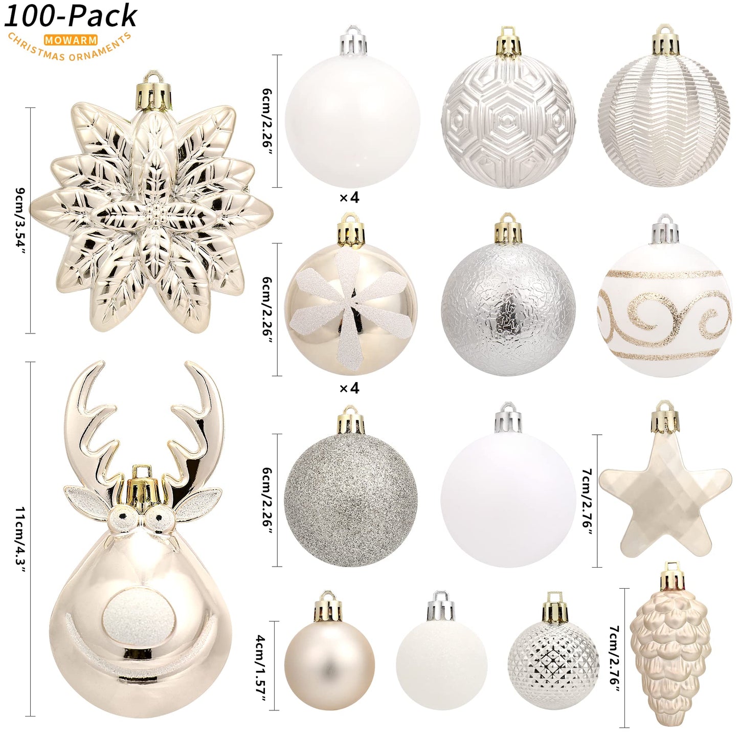 100-Pack Various Shatterproof Christmas Balls, Christmas Decorative Ball Ornaments for Xmas Tree- Champagne Gold