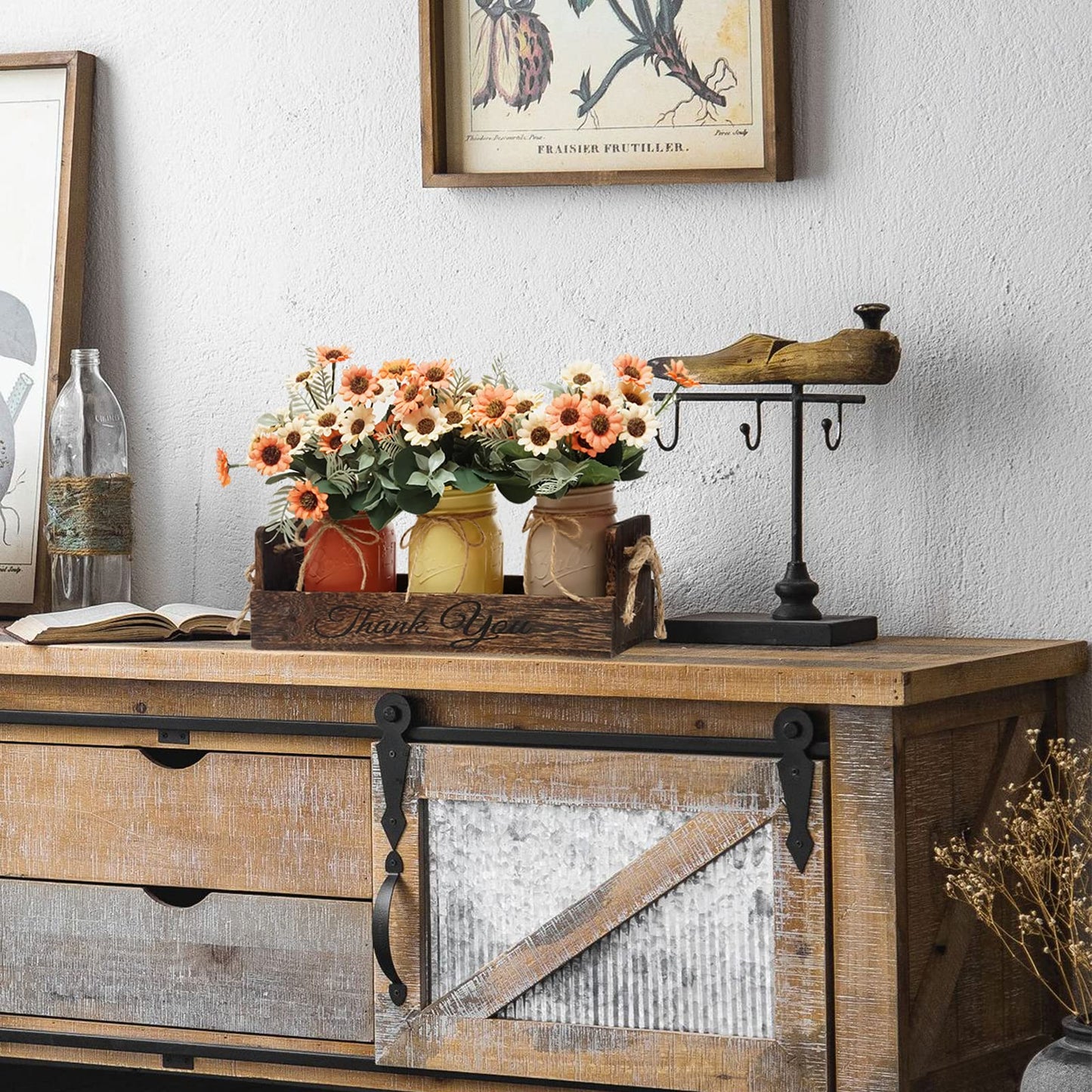 3 Pcs Painted Mason Jar Centerpiece with Wood Tray for Table, Farmhouse Decorative, Home Kitchen Dinning Living Room Rustic Decor, Brown