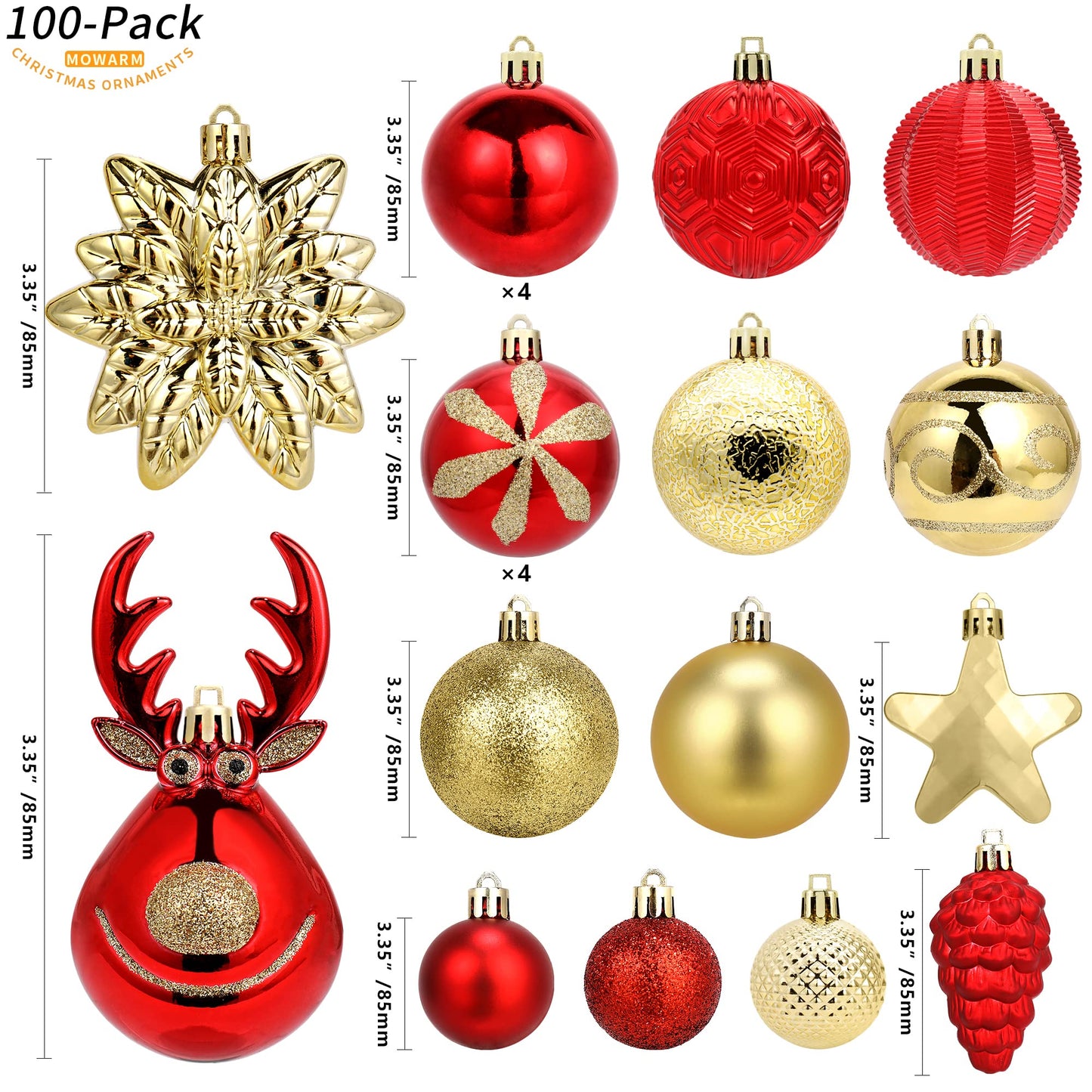 100-Pack Various Shatterproof Christmas Balls, Christmas Decorative Ball Ornaments for Xmas Tree- Champagne Gold